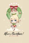  1girl absurdres bangs bell blonde_hair blue_eyes blush bow chibi dress full_body fur-trimmed_dress fur_trim green_bow hana_mori highres hololive kazama_iroha looking_at_viewer merry_christmas open_mouth ponytail red_bow red_dress scan solo strapless strapless_dress virtual_youtuber 