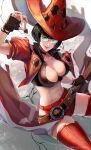  1girl abs ass_visible_through_thighs belt black_hair breasts cleavage green-tinted_eyewear green_eyes guilty_gear guilty_gear_strive hat highres holding holding_plectrum i-no large_breasts lips micro_shorts mole mole_above_mouth natsume_k navel plectrum red_lips red_shorts red_thighhighs short_hair shorts smile solo sunglasses thighhighs thighs tinted_eyewear witch_hat 