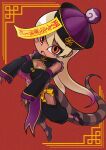  1girl alternate_costume baggy_pants blonde_hair blush breasts center_opening chibi chinese_clothes cleavage crop_top crop_top_overhang dark-skinned_female dark_skin detached_sleeves fang fingernails full_body hair_between_eyes hat highres hip_vent hoshino_mitsuki japari_symbol jiangshi jiangshi_costume kemono_friends king_cobra_(kemono_friends) long_hair long_sleeves looking_at_viewer midriff multicolored_eyes multicolored_hair multicolored_nails nail_polish nose_blush ofuda ofuda_on_head open_mouth outstretched_arms pants pink_hair red_eyes sharp_fingernails shoes skin_fang sleeves_past_wrists snake_tail solo stomach tail talisman twintails two-tone_hair very_long_hair yellow_eyes zombie_pose 