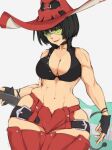 1girl abs bangs bare_shoulders belt black_hair breasts electric_guitar green-framed_eyewear green-tinted_eyewear green_eyes grey_background guilty_gear guilty_gear_strive guitar hat highres i-no instrument large_breasts lips mole mole_above_mouth nail_polish navel red_lips red_shorts short_hair shorts smile solo sunglasses thighhighs tinted_eyewear toned wide_hips witch_hat yoracrab 