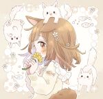  1girl animal animal_ears animal_print bangs blush brown_eyes brown_hair cat cat_ears cat_girl cat_tail fish fish_print flower frilled_shirt_collar frills from_side hair_flower hair_ornament highres hiiragi_hinana holding holding_flower long_hair long_sleeves original profile smile solo tail white_cat 