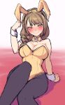  1girl animal_ears arm_support bangs bare_shoulders blush bow bowtie braid breasts cleavage closed_mouth detached_collar eyelashes fake_animal_ears fire_emblem fire_emblem_engage furrowed_brow goldmary_(fire_emblem) hair_over_shoulder hairband hand_up highres large_breasts leotard light_brown_hair long_hair looking_at_viewer pantyhose playboy_bunny purple_pantyhose rabbit_ears shadow sher_(imnotsher) single_braid sitting sketch smile solo strapless strapless_leotard swept_bangs wrist_cuffs yellow_bow yellow_bowtie yellow_eyes yellow_hairband yellow_leotard 