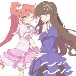  2girls bangs black_bow blue_eyes blush bow brown_hair commentary dress from_side hair_bow hair_ornament heart heart_hair_ornament kurosu_aroma long_hair looking_at_viewer multiple_girls nojima_minami one_eye_closed open_hands pink_dress pretty_(series) pripara purple_dress red_hair shiratama_mikan smile symbol-only_commentary very_long_hair yellow_eyes 