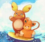  :d alolan_raichu blue_eyes blue_sky brown_eyes cloud highres no_humans open_mouth outdoors pawmi pokemon pokemon_(creature) pokemon_on_tail sathuki_(ktgz_moonur) sky smile star_(symbol) surfing water 