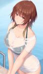  1girl absurdres aketa_mikoto bikini bikini_under_clothes black_bikini blush breasts brown_hair cleavage gradient_hair highres idolmaster idolmaster_shiny_colors kirou_(kiruyuu1210) large_breasts multicolored_hair no_panties pool poolside shirt solo swimsuit wet wet_clothes wet_shirt white_shirt 