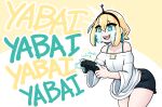  1girl amano_pikamee bent_over black_hairband blonde_hair blue_eyes blue_hair bra_strap breasts colored_inner_hair commentary controller crying english_commentary game_controller hairband highres holding holding_controller holding_game_controller limebreaker medium_hair multicolored_hair off-shoulder_shirt off_shoulder open_mouth sharp_teeth shirt short_shorts shorts small_breasts smile solo streaming_tears tears teeth two-tone_hair voms wide_sleeves 