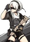  1girl absurdres ammunition_pouch blindfold bob_cut bulletproof_vest choker ear_protection frown gloves gun highres keffiyeh looking_to_the_side mark_gavatino nier_(series) nier_automata pouch rifle ruger_10/22 shorts solo thighhighs weapon white_hair yorha_no._2_type_b 