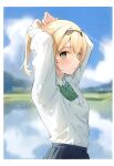  1girl absurdres arms_up bangs blonde_hair blue_skirt blurry blurry_background blush bow bowtie day green_bow green_bowtie green_eyes hana_mori highres hololive kazama_iroha long_sleeves looking_at_viewer outdoors parted_lips ponytail scan shirt sideways_glance skirt solo tying_hair virtual_youtuber white_shirt 