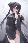  1girl artist_name black_dress black_gloves black_hair black_jacket blue_archive blue_eyes breasts butterfly_hair_ornament cherry_blossoms china_dress chinese_clothes closed_mouth commentary_request covered_navel double_bun dragon_print dress gloves hair_between_eyes hair_bun hair_ornament halo hand_on_hip jacket kisaki_(blue_archive) long_hair looking_at_viewer mujinbensin patreon_username print_dress small_breasts solo thighs 