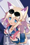  1girl animal_ear_fluff animal_ears backpack bag bell blonde_hair blue_eyes blue_skirt disgaea dog_ears dog_girl dog_tail extra_ears fang hair_ornament highres makai_senki_disgaea_7 nanozenzen neck_bell neckerchief piririka_(disgaea) pointy_ears skirt solo tail thighhighs white_thighhighs zettai_ryouiki 