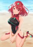  1girl bangs beach black_one-piece_swimsuit bob_cut breasts closed_mouth comiket_100 covered_navel full_body highres looking_at_viewer medium_hair one-piece_swimsuit outdoors pyra_(pro_swimmer)_(xenoblade) pyra_(xenoblade) red_eyes red_footwear red_hair sand sitting smile solo swept_bangs swimsuit take_(s-wab) tiara wariza water xenoblade_chronicles_(series) xenoblade_chronicles_2 