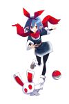  1girl absurdres alternate_costume bangs blue_hair disgaea full_body highres inktober looking_at_viewer makai_senki_disgaea nanozenzen pleinair pointy_ears poke_ball poke_ball_(basic) pokemon pokemon_(game) pokemon_legends:_arceus rabbit red_eyes red_scarf ribbon scarf short_hair simple_background solo usagi-san white_background 