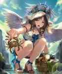  1girl animal basket bikini blue_bow bow brown_hair company_name copyright crab feathered_wings feet fish frilled_bikini frills halo holding holding_animal irua legs open_mouth sandals shingeki_no_bahamut solo squatting strappy_heels swimsuit toenails toes veil wavy_mouth wings 