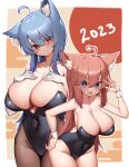  2023 2girls ahoge animal_ear_fluff animal_ears bangs bare_shoulders black_leotard blue_eyes blue_hair blush breasts brown_pantyhose cat_ears cleavage closed_mouth covered_navel hand_up highres itsumi_(kaptivate) kaptivate large_breasts leotard looking_at_viewer multiple_girls nekomia_(kaptivate) open_mouth original pantyhose red_eyes red_hair smile wrist_cuffs 