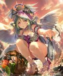  +_+ 1girl :o animal basket bikini bow cloud company_name copyright feathered_wings feet fish frilled_bikini frills green_hair halo holding holding_animal holding_fish irua legs multiple_wings purple_bow purple_eyes sandals shingeki_no_bahamut sky solo sparkle squatting strappy_heels swimsuit toenails toes veil water wings 