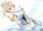  1girl :d absurdres bangs blonde_hair blue_bow blue_bowtie blue_eyes blush bow bowtie dress dutch_angle gloves hair_ribbon hana_mori hands_up highres hololive kazama_iroha looking_at_viewer looking_to_the_side ponytail ribbon scan smile solo virtual_youtuber white_dress white_gloves wrist_cuffs 