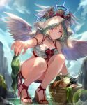  1girl basket bikini bow cloud company_name copyright feathered_wings feet fish frilled_bikini frills green_hair halo holding holding_plant irua legs plant purple_eyes red_bow sandals seaweed shingeki_no_bahamut sky solo squatting strappy_heels swimsuit toenails toes veil wet wings 