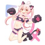 1girl :d ahoge animal_ear_fluff animal_ears animal_hands bad_id bad_twitter_id bangs bare_shoulders bell black_bra black_choker black_panties blush bow bra bridal_garter brown_eyes cat_cutout cat_ears cat_lingerie cat_tail choker cleavage_cutout clothing_cutout commentary detached_sleeves double_strap_slip ekra frilled_bra frilled_choker frilled_panties frills full_body gloves groin hair_between_eyes highres jingle_bell kneeling long_hair looking_at_viewer male-female_symbol meme_attire navel onii-chan_wa_oshimai! open_mouth outline oyama_mahiro panties paw_gloves paw_pose paw_shoes pink_bow pink_hair puffy_detached_sleeves puffy_sleeves sidelocks simple_background smile solo stomach tail tail_bell tail_bow tail_ornament twintails underwear white_background white_outline 