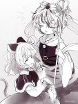  2girls animal_ears bangs biyon blush capelet closed_eyes dress foul_detective_satori hair_between_eyes index_finger_raised long_sleeves monochrome mouse_ears mouse_tail multicolored_hair multiple_girls nazrin open_mouth rag shakujou short_hair staff tail toramaru_shou touhou two-tone_hair wide_sleeves 