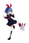  1girl absurdres alternate_costume black_serafuku black_socks blue_hair disgaea full_body glasses highres inktober kneehighs loafers looking_at_viewer makai_senki_disgaea nanozenzen neckerchief pleinair pointy_ears rabbit red_eyes ribbon school_uniform serafuku shoes short_hair simple_background socks solo standing standing_on_one_leg usagi-san white_background 