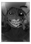  1other absurdres androgynous black_sclera bleeding blonde_hair blood bodysuit border colored_sclera copyright_request evil_smile greyscale grin hat highres looking_at_viewer mismatched_sclera monochrome niwarhythm nosebleed sharp_teeth short_hair smile solo teeth white_border wide-eyed 