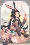  1girl animal animal_ears animal_on_shoulder black_hair chinese_zodiac coin dress english_commentary glint hair_ornament holding korean_clothes korean_commentary long_hair long_sleeves looking_at_viewer mixed-language_commentary multicolored_eyes open_mouth orange_pupils original picking_up pouch rabbit rabbit_ears rabbit_girl saeldam simple_background solo teeth twintails upper_teeth_only year_of_the_rabbit 