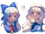  3girls blue_bow blue_eyes blue_hair bow cirno closed_mouth commentary_request dress hair_bow highres letty_whiterock lily_white looking_at_viewer multiple_girls mushiao open_mouth short_hair smile touhou trembling white_dress white_headwear 