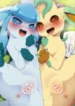  :d animal_ears anus bar_censor blue_eyes blue_fur blush body_fur brown_eyes censored dagasi furry glaceon grass heart heart-shaped_pupils highres leafeon looking_at_viewer lying no_humans open_mouth pokemon pokemon_(creature) pussy saliva smile sweat symbol-shaped_pupils tail yellow_fur 