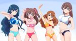  4girls alternate_hair_length alternate_hairstyle arm_up armpits bangs black_buruma blue_background blue_buruma blue_hair blue_sports_bra breasts brown_hair buruma clenched_hand closed_mouth commentary_request delicious_party_precure frown fuwa_kokone gradient_background hair_down hair_ornament hair_ribbon hairclip hanamichi_ran hand_on_own_arm head_tilt highres long_hair looking_at_viewer mature_female medium_breasts mother_and_daughter multiple_girls nagomi_akiho nagomi_yui navel open_mouth orange_buruma orange_sports_bra partial_commentary pink_sports_bra precure purple_eyes pururun_z red_buruma red_eyes red_ribbon ribbon short_hair small_breasts smile sports_bra sportswear standing two_side_up white_sports_bra 