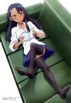  1girl absurdres bangs black_thighhighs blush book couch crossed_legs feet hair_ornament hairclip highres holding holding_book ijiranaide_nagatoro-san looking_at_viewer lying magazine_scan megami_magazine nagatoro_hayase nail_polish official_art on_back on_couch pleated_skirt scan school_uniform shirt skirt smile tan thighhighs thighs white_shirt 