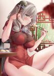  1girl absurdres artist_name azur_lane breasts china_dress chinese_clothes chopsticks dress drill_locks dumpling flower food from_side grey_hair hair_flower hair_ornament highres holding holding_chopsticks large_breasts long_hair looking_at_viewer luetzow_(azur_lane) luetzow_(steaming_hot_treat)_(azur_lane) makihige official_alternate_costume red_dress see-through see-through_dress short_dress short_sleeves sitting solo steam taut_clothes taut_dress white_flower yellow_eyes 