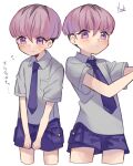  1boy bangs blush breast_pocket closed_mouth collared_shirt commentary_request cowboy_shot eyelashes flying_sweatdrops male_focus multiple_views necktie ortega_(pokemon) pocket pokemon pokemon_(game) pokemon_sv purple_eyes purple_hair purple_necktie purple_shorts school_uniform shirt short_hair shorts signature sweatdrop translation_request uva_academy_school_uniform yuusuke-kun 