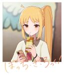  1girl absurdres ahoge bangs blonde_hair blurry blurry_background blush bocchi_the_rock! braid cellphone commentary copyright_name drinking_straw drinking_straw_in_mouth expressionless eyelashes highres holding holding_phone ijichi_nijika jianshu juice_box long_hair long_sleeves looking_at_viewer necktie parted_bangs phone picture_frame polka_dot_necktie red_necktie shirt side_braid sidelocks smartphone solo straight_hair upper_body very_long_hair watch white_shirt wristwatch yellow_eyes 