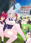  &gt;_&lt; 6+girls :3 absurdres ahoge all_fours animal_ears armband azur_lane between_breasts black_bow black_bowtie black_footwear black_hair black_necktie black_ribbon black_skirt blue_bow blue_bowtie blue_sky bow bowtie braid breasts brown_pantyhose building buttons cat chitose_(azur_lane) chiyoda_(azur_lane) closed_eyes collared_shirt day essex_(azur_lane) fake_animal_ears flower food formidable_(azur_lane) fox_ears french_braid french_fries from_behind fruit grass grey_hair hair_ornament hair_ribbon head_on_another&#039;s_shoulder highres holding holding_flower huge_ahoge huge_breasts jacket katsuragi_(azur_lane) large_breasts long_hair long_sleeves looking_at_viewer looking_back loose_bowtie manjuu_(azur_lane) medium_breasts meowfficer_(azur_lane) miniskirt multiple_girls necktie necktie_between_breasts ochinsama official_alternate_costume on_grass one_eye_closed orange_(fruit) outdoors pantyhose partially_unbuttoned picnic pleated_skirt purple_jacket rabbit_ears red_eyes red_hair red_jacket ribbon round_eyewear school_uniform shinano_(azur_lane) shirt shoes skirt sky sleeping taihou_(azur_lane) taihou_(sweet_time_after_school)_(azur_lane) taut_clothes taut_shirt thighband_pantyhose thighhighs tree_shade twintails very_long_hair white_cat white_flower white_shirt white_skirt white_thighhighs yellow_armband zettai_ryouiki 