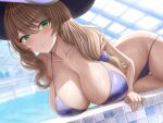  1girl abpart bangs bikini blue_bikini blurry blurry_background blush breasts brown_hair cleavage closed_mouth collarbone commentary english_commentary genshin_impact green_eyes halterneck highres large_breasts lisa_(genshin_impact) long_hair looking_at_viewer smile solo string_bikini swimsuit wet 