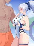  1boy 1girl bangs bare_shoulders blue_bow blue_one-piece_swimsuit blue_sky bow breasts closed_eyes fate/grand_order fate_(series) hair_between_eyes hair_bow highleg highleg_swimsuit highres large_breasts long_hair moebell one-piece_swimsuit orange_shorts ponytail shorts sky smile swimsuit thigh_strap thighs tomoe_gozen_(fate) tomoe_gozen_(swimsuit_saber)_(fate) tomoe_gozen_(swimsuit_saber)_(first_ascension)_(fate) two-tone_swimsuit white_hair white_one-piece_swimsuit 