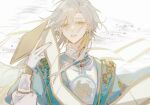  1boy bishounen blonde_hair chinese_clothes gloves hanfu highres jade_(gemstone) jewelry long_sleeves looking_at_viewer male_focus onmyoji short_hair_with_long_locks solo taishakuten_(onmyoji) white_gloves xianxianmmainiaaa yellow_eyes 