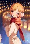  1girl absurdres aiba_yumi bangs blush breasts brown_hair coat duffel_coat earmuffs highres idolmaster idolmaster_cinderella_girls lantern looking_at_viewer looking_to_the_side medium_breasts mittens neru5 outdoors own_hands_together paper_lantern red_scarf scarf short_hair snowing solo 