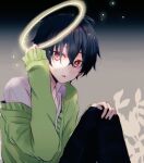  1boy bangs black_background black_hair black_pants bright_pupils cardigan cardigan_partially_removed collared_shirt fingernails gradient_background green_cardigan grey_background hair_between_eyes hair_over_eyes halo hand_on_own_knee holding holding_halo kagerou_project kokonose_haruka long_sleeves looking_at_object male_focus mekakucity_actors mole mole_under_eye open_collar pants parted_lips plaid plaid_pants red_eyes school_uniform shirt short_hair sitting sleeves_past_wrists solo strawberrya_mg white_shirt 