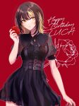  1girl bangs black_dress black_hair blonde_hair blush breasts character_name codamaxxx dress ear_piercing fingernails food fruit happy_birthday holding holding_food holding_fruit idolmaster idolmaster_shiny_colors ikaruga_luca looking_at_viewer multicolored_hair nail_polish piercing puffy_short_sleeves puffy_sleeves red_background see-through see-through_sleeves short_sleeves simple_background small_breasts solo streaked_hair yellow_eyes 