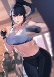  1girl absurdres ass_visible_through_thighs bangs bare_shoulders black_gloves black_hair black_pants boxing_gloves breasts brown_eyes cleavage clenched_hands collarbone commentary_request cowboy_shot fingerless_gloves gloves highres indoors kagematsuri large_breasts looking_at_viewer midriff motion_blur navel original pants parted_lips ponytail punching punching_bag sidelocks sports_bra standing sweat thigh_gap twitter_username white_sports_bra yoga_pants 