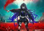  1girl black_gloves black_thighhighs blue_hair breasts choker cityscape flare flower gloves hair_between_eyes kamitsubaki_studio koko_(kamitsubaki_studio) long_hair looking_at_viewer navel outdoors purple_eyes shorts solo thighhighs tsumeki very_long_hair virtual_youtuber 