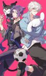  2boys ball bangs black_pants black_shirt blue_lock blue_shirt cinnamoroll crossover demon_tail doran_(doran7280) full_body grey_eyes hair_between_eyes hair_ornament hairpin highres holding kuromi long_sleeves looking_at_viewer male_focus mikage_reo multiple_boys nagi_seishirou one_eye_closed onegai_my_melody pants parted_lips pink_background ponytail purple_eyes purple_hair ribbon sanrio shirt short_hair simple_background soccer_ball socks tail tongue tongue_out white_hair white_socks 