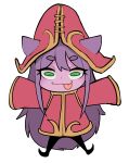  1girl :p absurdres bad_source bangs black_pantyhose chamsae chibi colored_skin dress ears_through_headwear full_body green_eyes hat highres large_hat league_of_legends long_hair looking_at_viewer lulu_(league_of_legends) pantyhose purple_hair purple_skin red_dress red_headwear simple_background sleeves_past_fingers sleeves_past_wrists solo tongue tongue_out white_background wide_sleeves wizard_hat yordle 