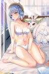  1girl :p arm_support bangs bare_legs barefoot bed bed_sheet between_legs blue_dress blue_hair blunt_bangs blurry blurry_background blush bow bowtie bra breasts brown_headwear butterfly_hair_ornament collarbone curtains dress feet flower genshin_impact hair_ornament hand_between_legs hat hat_flower highres indoors kamisato_ayaka kamisato_ayaka_(springbloom_missive) kousaki_natsu legs light_blue_hair looking_at_viewer medium_breasts navel official_alternate_hairstyle panties pillow sitting solo stomach stuffed_animal stuffed_bunny stuffed_toy thighs toes tongue tongue_out underwear underwear_only wariza white_bra white_panties window 