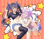  2girls absurdres alternate_costume bangs belly_poke black_hair black_thighhighs breasts casual choker clothes_lift commission denim denim_shorts dress hair_ornament highres kow0117 long_hair looking_at_viewer medium_breasts multiple_girls navel neptune_(neptune_series) neptune_(series) noire_(neptune_series) pixiv_commission polka_dot polka_dot_dress purple_eyes purple_hair red_eyes shirt_lift short_hair shorts skindentation smile thighhighs tickling twintails twitter_username underboob yuri 