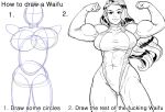  1girl absurdres armpits bb_(baalbuddy) biceps breasts closed_mouth commentary cowboy_shot english_commentary english_text flexing floating_hair greyscale hands_up highleg highleg_leotard highres how_to_draw_an_owl_(meme) large_breasts leotard looking_at_viewer marvel meme monochrome muscular muscular_female profanity she-hulk simple_background smile smug solo standing stick_figure white_background 