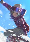  1boy alternate_costume arm_up beanie closed_mouth commentary_request day green_hair grey_pants grusha_(pokemon) hat hood hood_down hoodie looking_down male_focus mittens outdoors pants pokemon pokemon_(game) pokemon_sv signature sky smile snow snowboarding solo yuzu_taken 