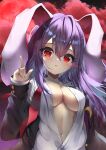  1girl absurdres animal_ears bangs black_jacket breasts buttons collared_shirt crescent crescent_pin dfra fingernails hair_between_eyes highres jacket large_breasts long_hair long_sleeves navel necktie open_clothes open_jacket open_shirt parted_lips purple_hair rabbit_ears red_eyes red_necktie reisen_udongein_inaba shirt solo touhou upper_body white_shirt 