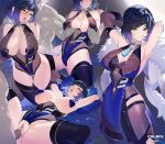  1boy 1girl adapted_costume armpits arms_behind_head arms_up asymmetrical_gloves bad_id bad_pixiv_id bangs bare_shoulders black_hair black_pants black_thighhighs blue_dress blue_hair blue_leotard blush bob_cut breast_grab breasts breasts_out censored chi-rol cleavage cleavage_cutout closed_eyes clothing_cutout covered_nipples cum cum_in_pussy diagonal_bangs dice dress earrings fur-trimmed_jacket fur_trim genshin_impact gloves grabbing green_eyes has_bad_revision has_censored_revision heart_pasties hetero jacket jacket_on_shoulders jewelry large_breasts leotard looking_at_viewer lying mismatched_gloves missionary mole mole_on_breast mosaic_censoring multicolored_hair multiple_views neck_ring on_back open_mouth pants pasties pelvic_curtain penis pussy sex sex_from_behind short_hair spread_legs tassel thighhighs thighs thread tight tight_pants two-tone_hair vaginal white_jacket yelan_(genshin_impact) 